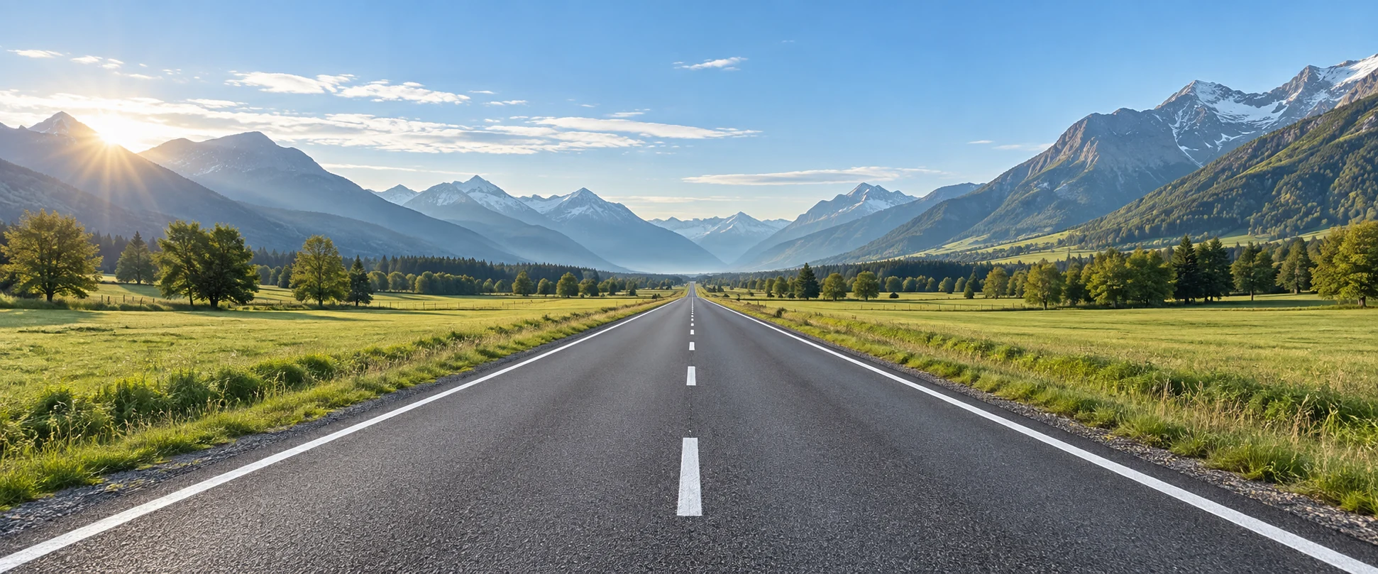 A straight road with clear white centre lines stretching towards an open horizon, between green fields and sunlit mountains.